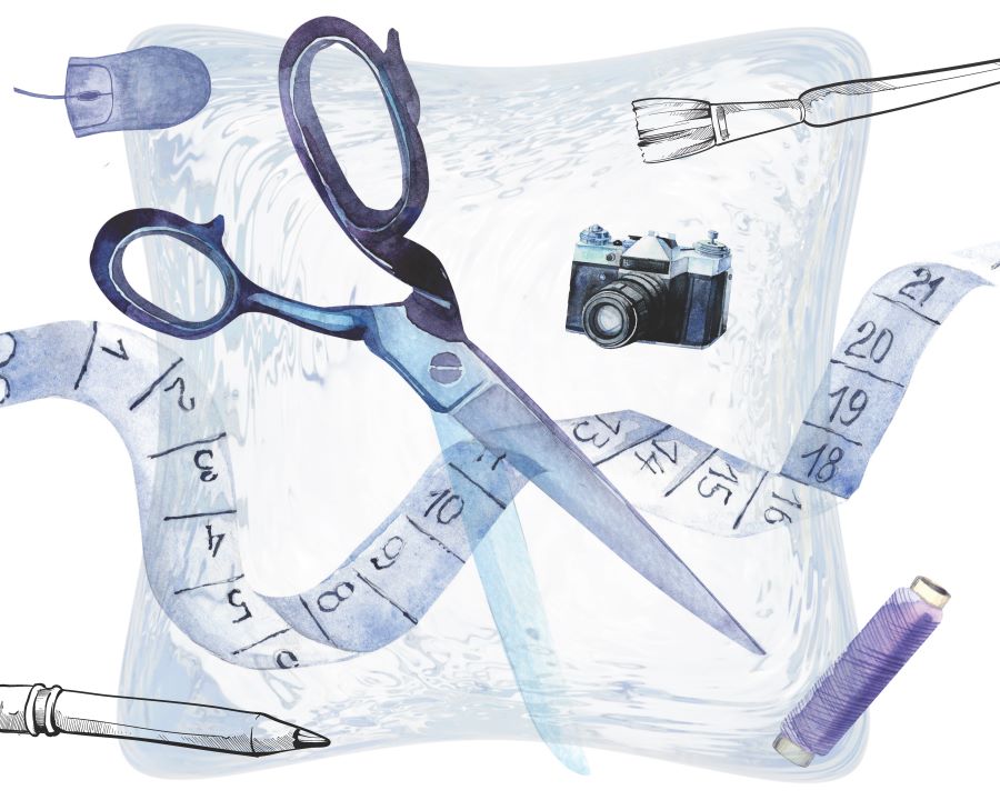 watercolor style illustration in blue, purple, and white tones, depicting a composition of digital and traditional art and crafting tools, such as a pencil, a brush, a thread, scissors, a measuring tape, an analog photo camera, and a computer mouse.