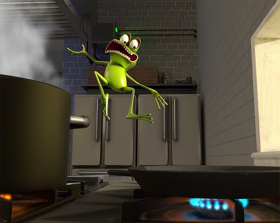 rewind, play, fast forward, animation and game design at F I T and beyond graphic. A still frame from an animated film: over an open flame heating on the stove are a large steaming pot and a skillet. Between the two a-mid leap is a frog with an expression suggesting that both should be avoided at all costs!