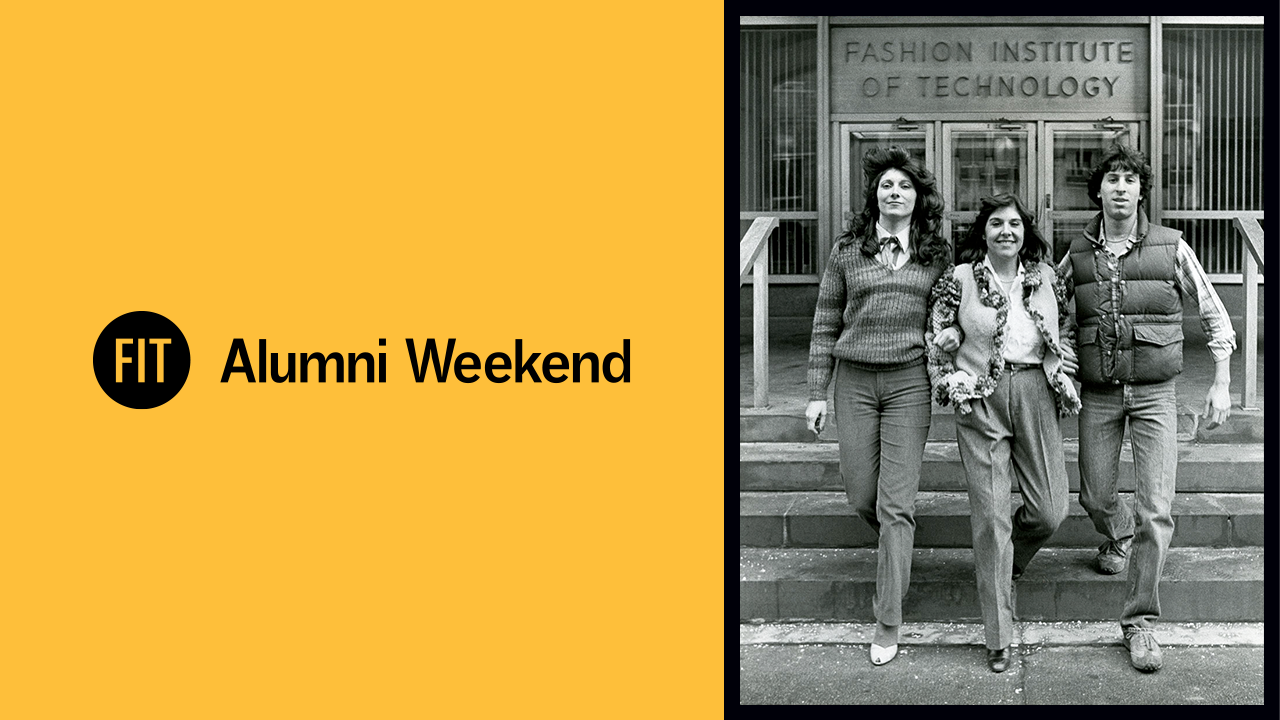 Alumni Weekend Yellow Banner with 3 FIT students walking out of Feldman