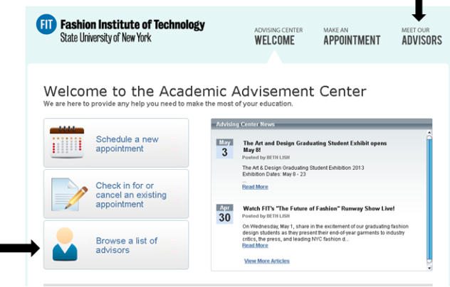 Advisement Center Appointment System Main Page Browse Advisors