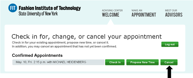 Advisement Center Cancel Appointment Button