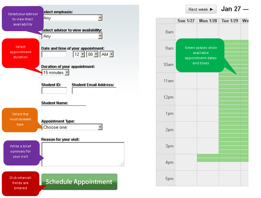 Advisement Center Main Appointment Calendar