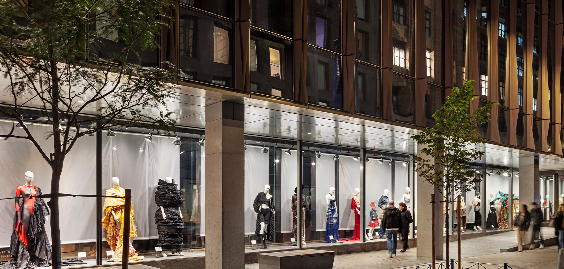 exterior of the Joyce F. Brown Academic Building at night
