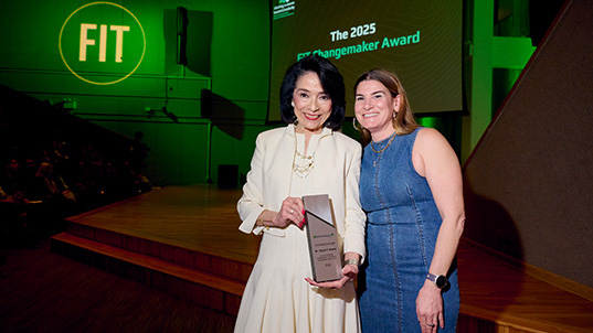 FIT President Joyce F. Brown with Sustainability Council Chair Karen R. Peterson at the 2025 FIT Changemaker Award ceremony, where Dr. Brown received the award for her legacy of contributions to sustainability at FIT.