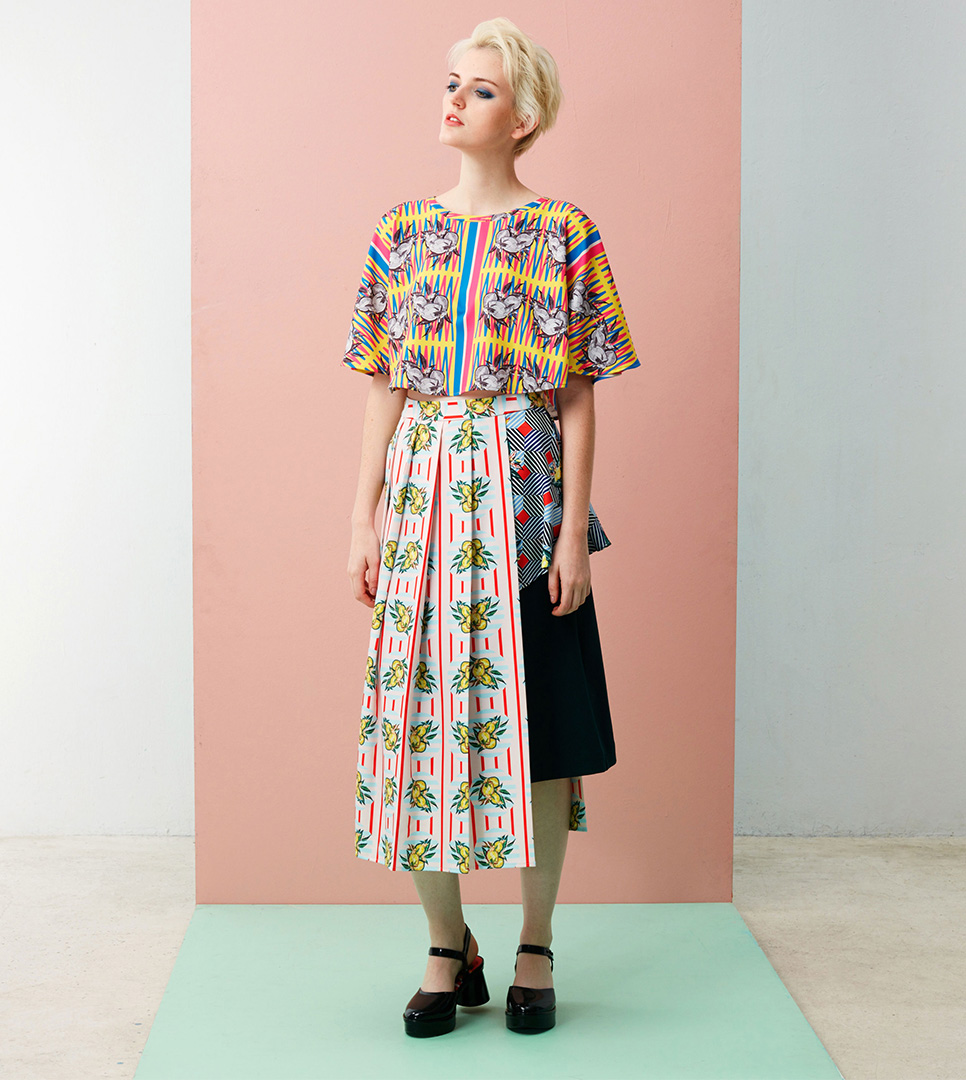 Multi-patterned colorful ensemble with asymmetrical skirt