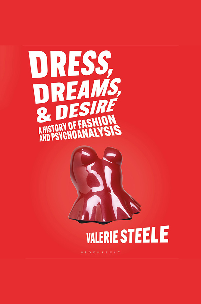 red sculptural bustier with white text, "Dress, Dreams, and Desire: A History of Fashion and Psychoanalysis"