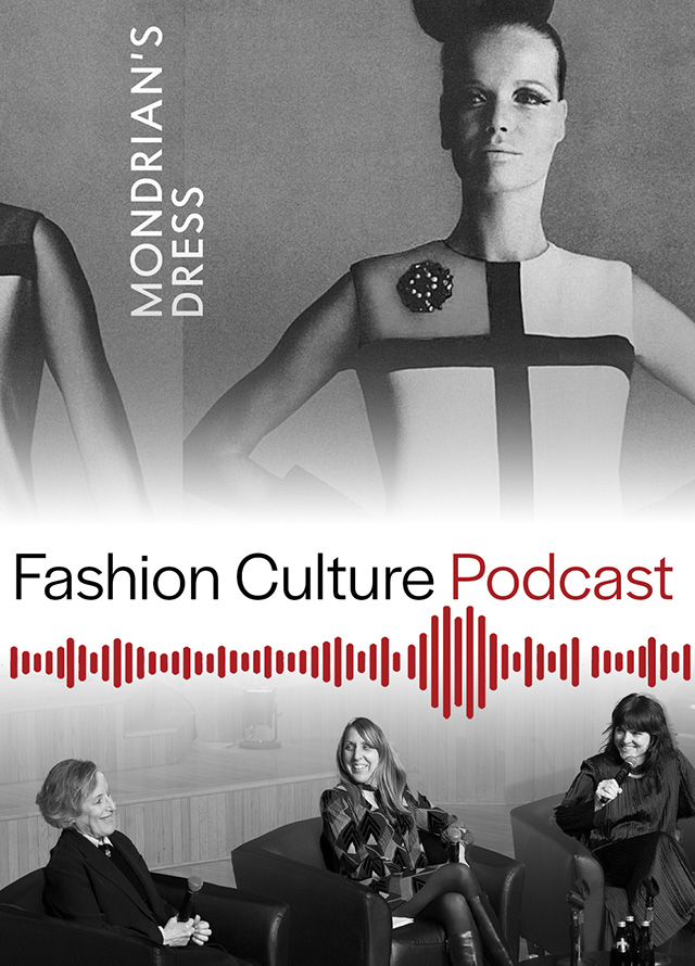 Fashion Culture Podcast panel paired with 1960s photo of a model in the YSL Mondrian dress