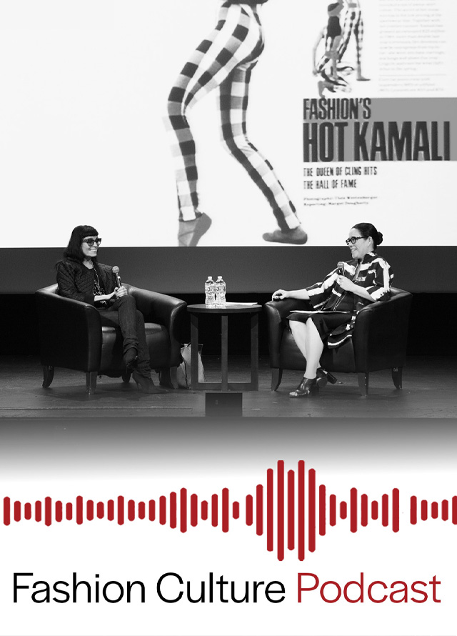 Poster for Fashion Culture Podcast with two women seated on a stage in front of a screen with 1983 fashion image of a model in a checkered bodysuit striking a pose.