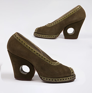 open toe olive green suede pumps with semi wedge and circular cut out