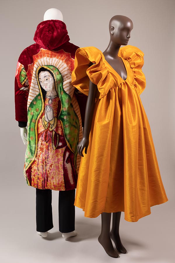 back view of a red blanket coat and front view of golden dress with ruffled short sleeves