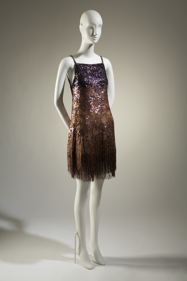 spaghetti strap, sequined mini dress in brown ombre with beaded fringe from hip to hem