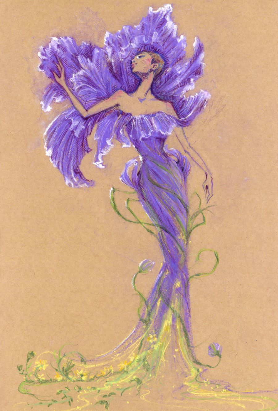 a drawing on a tan toned paper of a model wearing a form-fitting, iris flower-like dress. Iris petal-like shapes envelop the upper body of the model her head and shoulders against the beautiful shapes in shades of violet with white highlights.