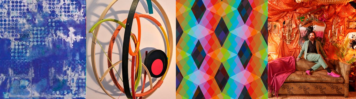 a collage of four artworks produced in variety of mediums color