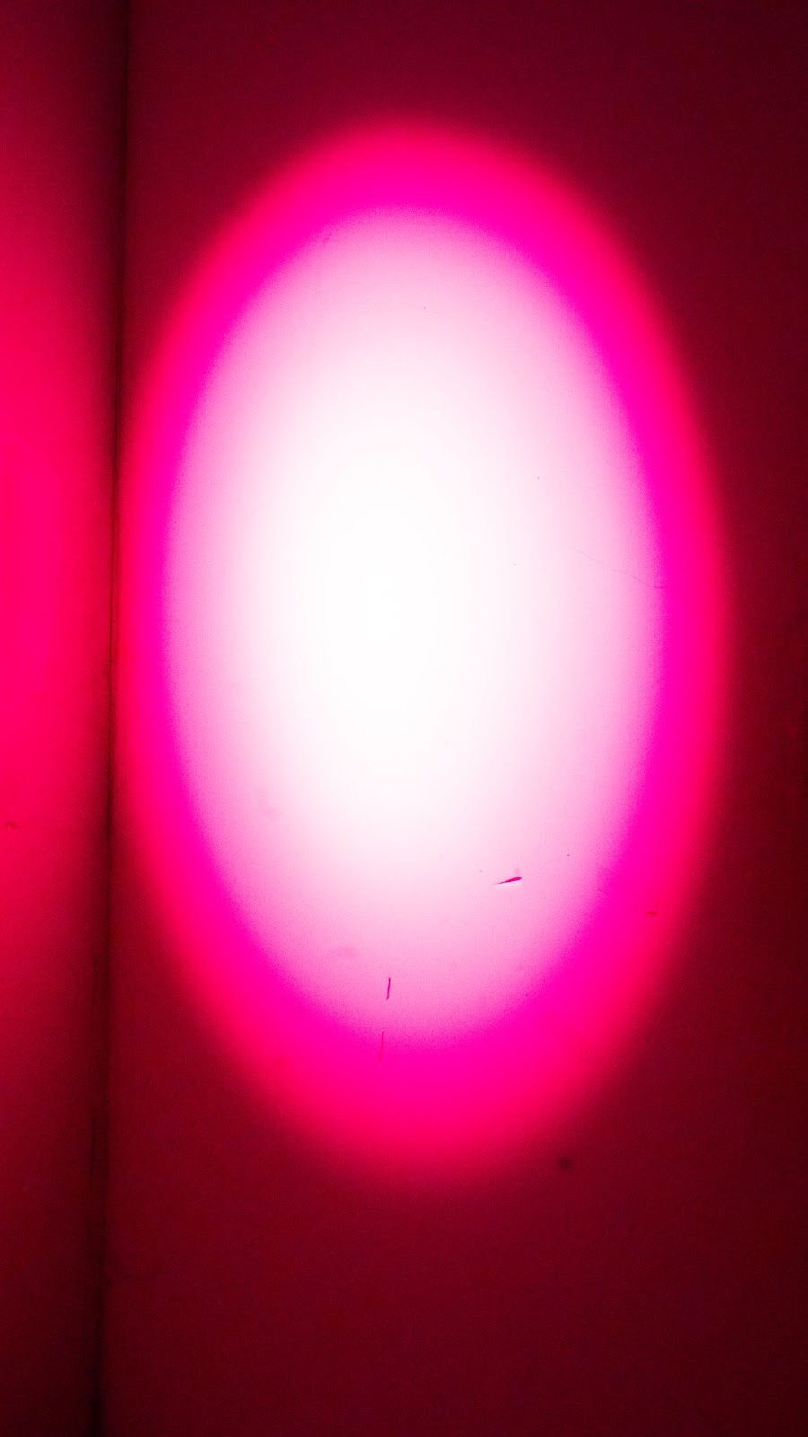 photograph in a darkened room, picturing an oval reflection of a bright light cast on the wall. the large center of the reflected light is white edged by a line of intense magenta and finally bright neon red, the surface of the wall appears dark maroon. Secondary reflection extends to the adjacent wall where the edge of the oval meets the corner