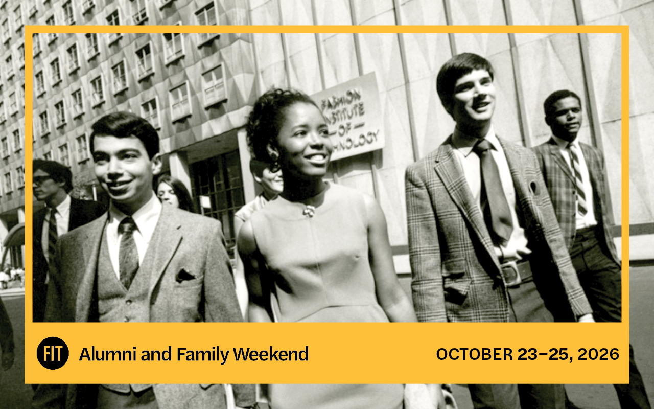 header for Alumni Weekend 2026 shows four students in front of FIT's campus.