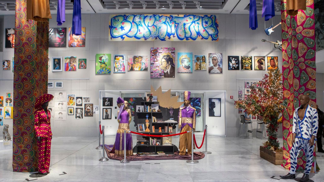 wide shot of gallery lobby during exhibition