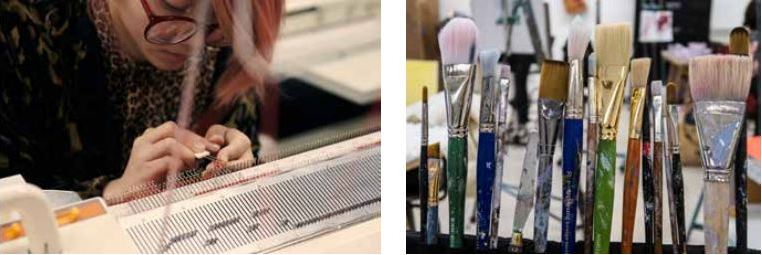 Image on the left: a close-up of a woman leaning over a knitting machine from the upper left corner of the image, she is working in a thread into one of the hooks of the machine. The tight close-up framing, helps the viewer to appreciate the subject's focus on the task. Image on the right - a close up of painer's brushes arranged in a line, ready for action. A variety of bristle types, shapes, sizes and handle colors splattered with paint are inviting to take a chance and be creative.