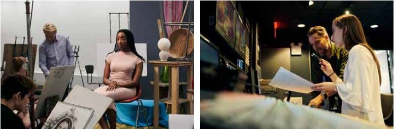 Image on the left - model posing for art studio class, she is seated on a stool in the middle of the room, and is surrounded by drawing students at their easels and benches. There are patches of color throughout the composition, such as a turquoise drapery set for a still life, that's adjacent to the model's pale pink dress. Image on the right: in a darkened room two people - a  woman and a man in conversation in front of several screens, and the broadcasting mixer console. A woman is holding papers in one hand and possibly a pen in another, she is gesturing towards one of the screens, the man is smiling and looking down at the mixer console