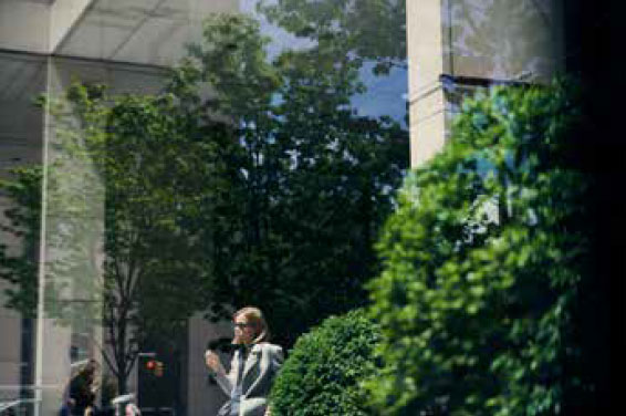 Green tree folliage dominates the image, some of it is captured directly, and some of it is reflected in the glass. Several figures, street lights, parts of the building and greenery reflect and refract creating a serene yet dynamic image. 