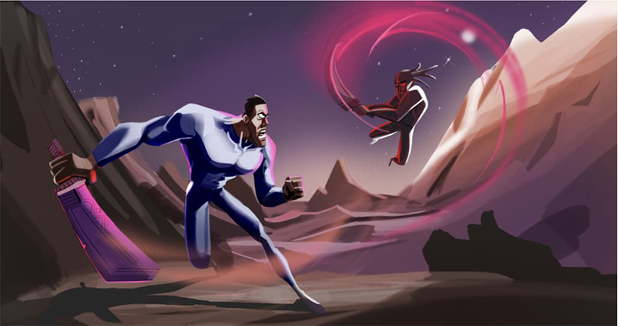 Makadi’s work from an Illustration class at FIT showing a superhero fighting with another on a planet's rocky surface