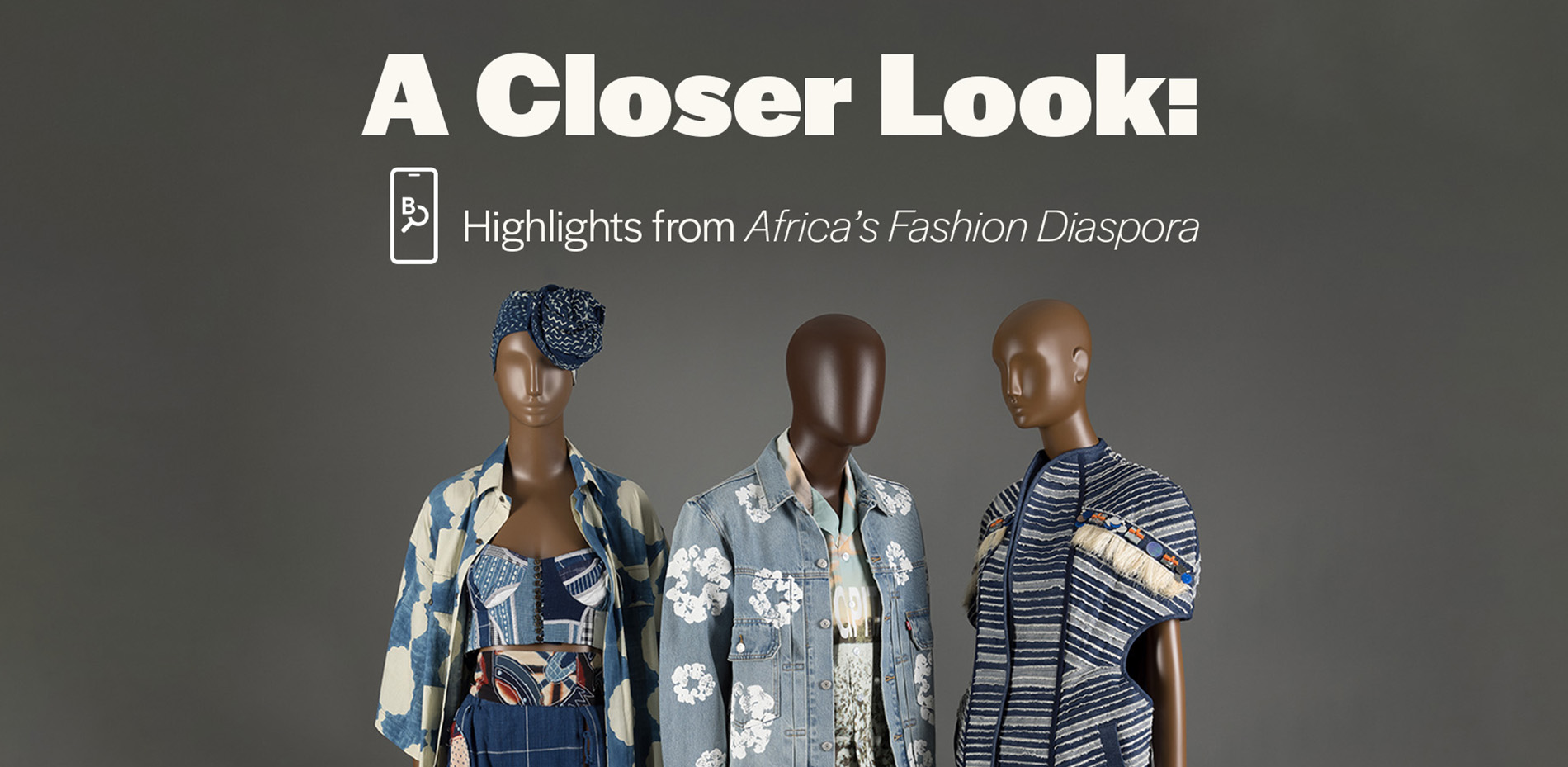 three mannequins in denim ensembles