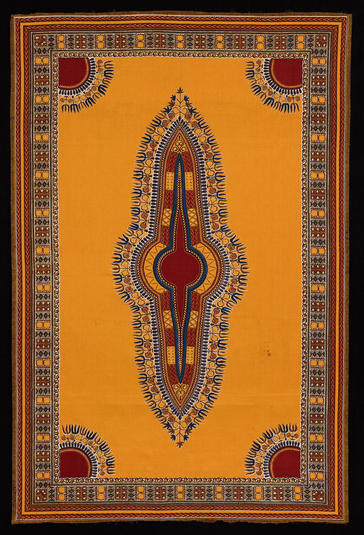 Vertically-oriented, rectangular, dark yellow textile with red and black patterned border and interior oblong cartouche pattern 