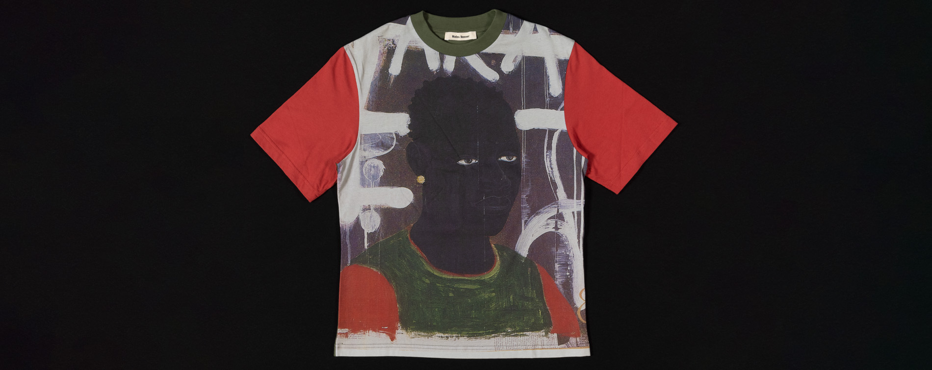t shirt with red sleeves and a print of an illustration of a black man wearing a similar shirt