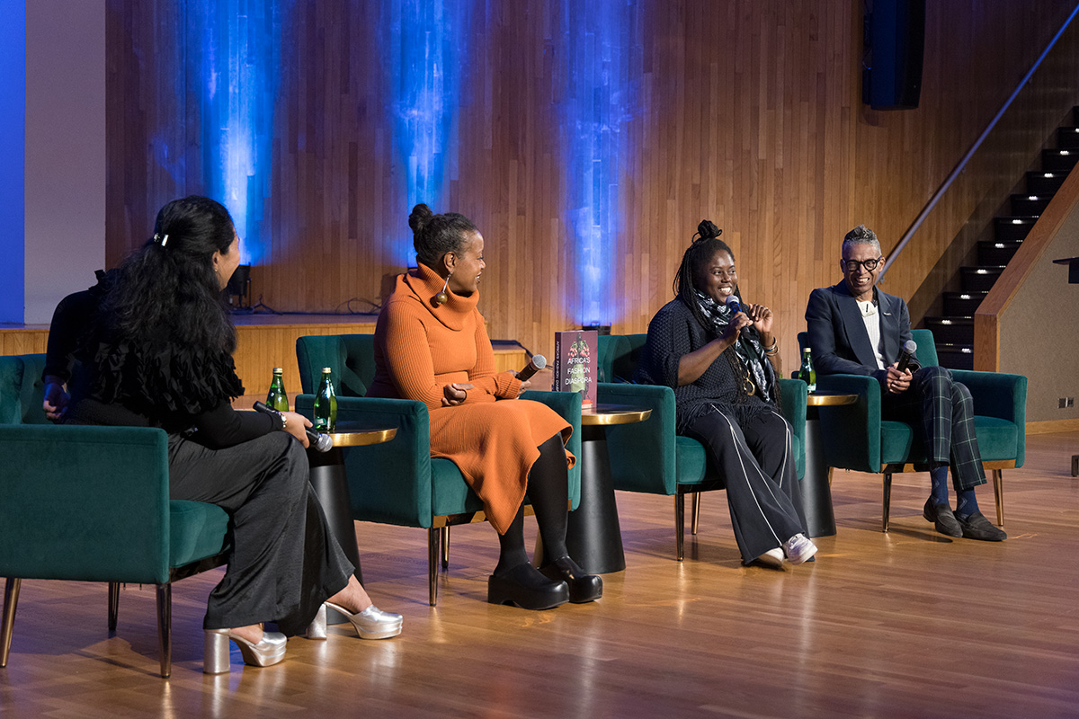 Elizabeth Way, Tracy Reese, Abrima Erwiah, and B. Michael talking on stage