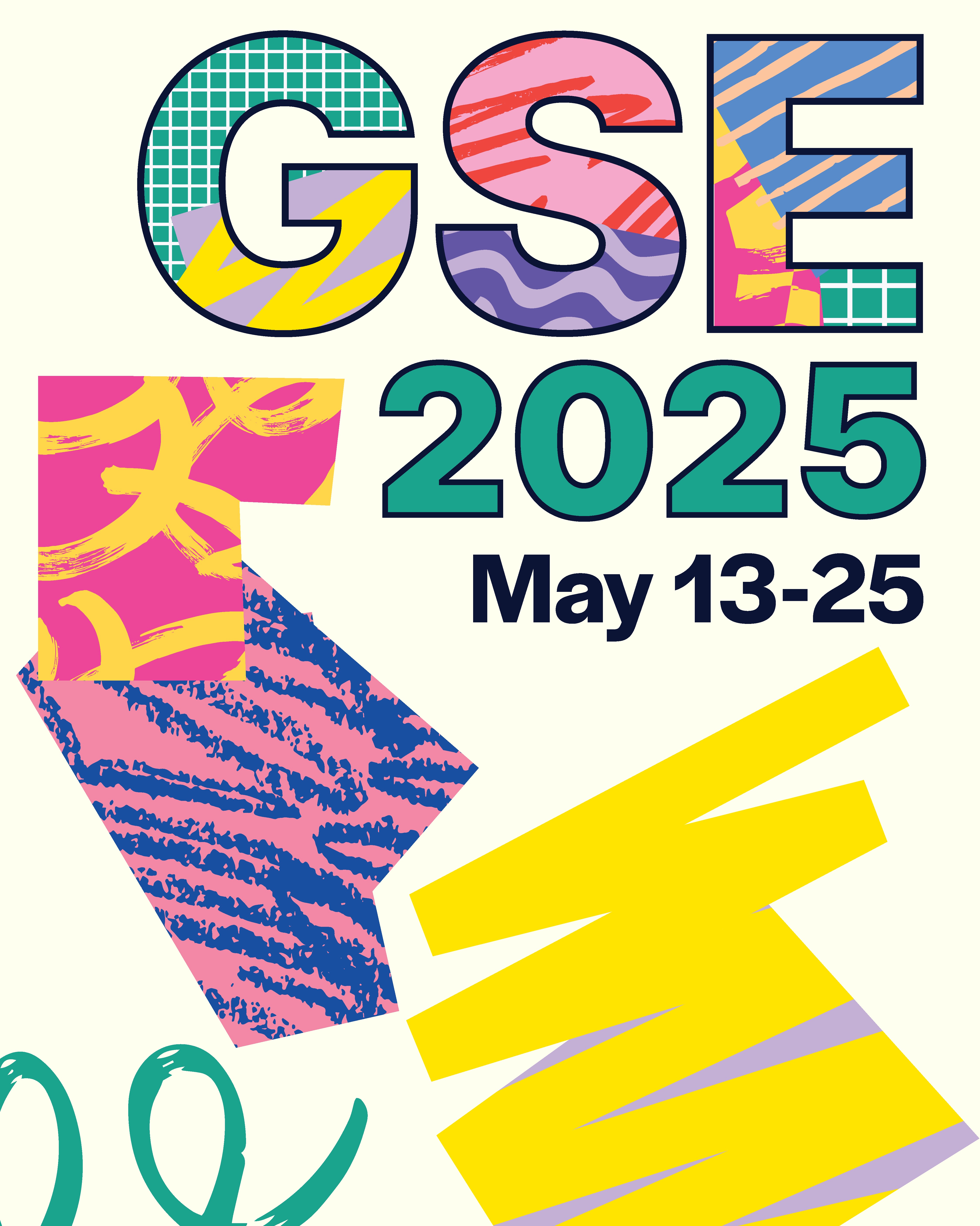 the text "GSE" in multi-colored font with various patterns as a mask