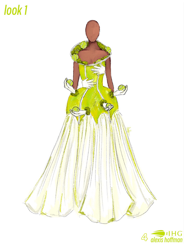 illustration of a ballgown decorated with hands and green tennis balls