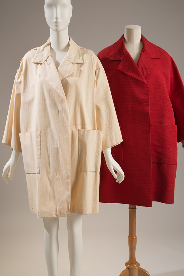 red collared knee length coat and a muslin replica