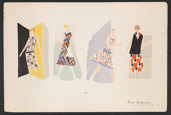 Painted illustration of four women wearing dresses, each with a different geometric print and colorful pattern