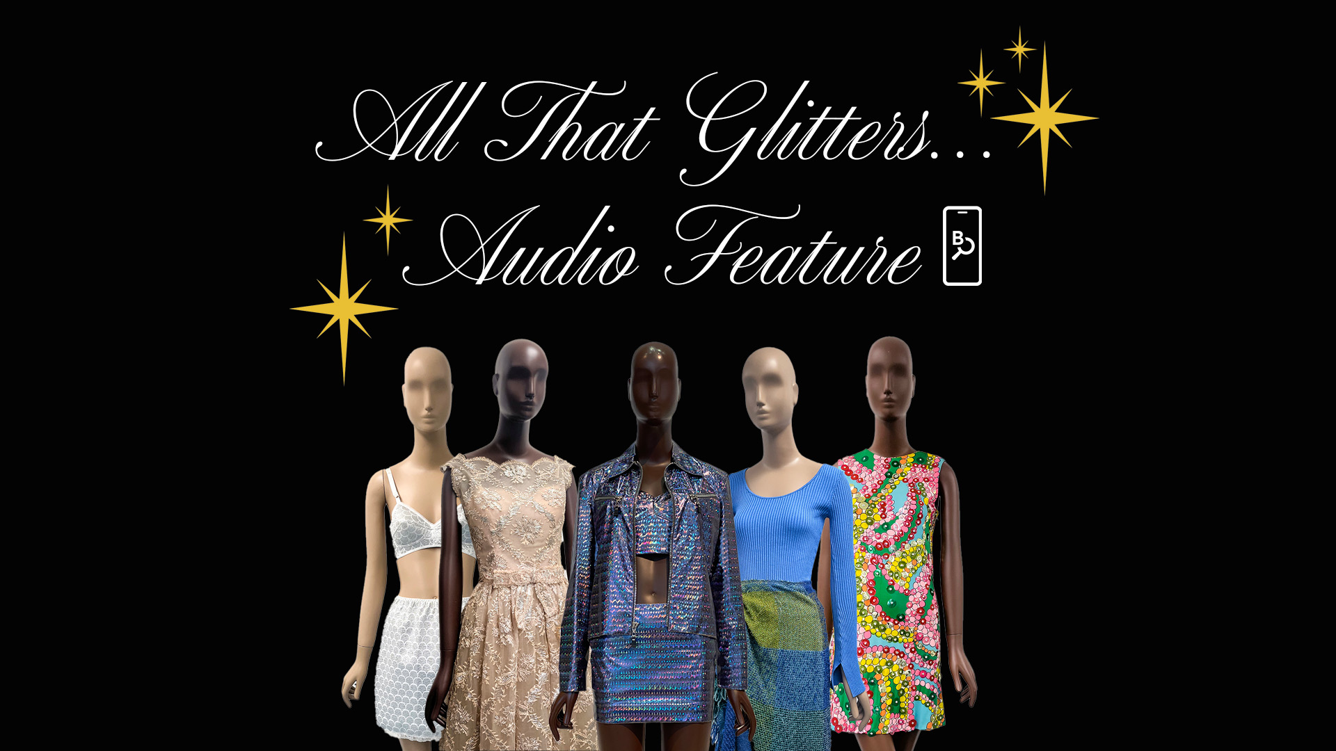 five mannequins with glittering ensembles against a black background