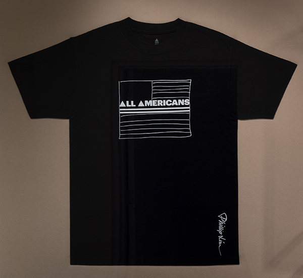 Black t-shirt with hand-drawn american flag with one stripe that reads All Americans