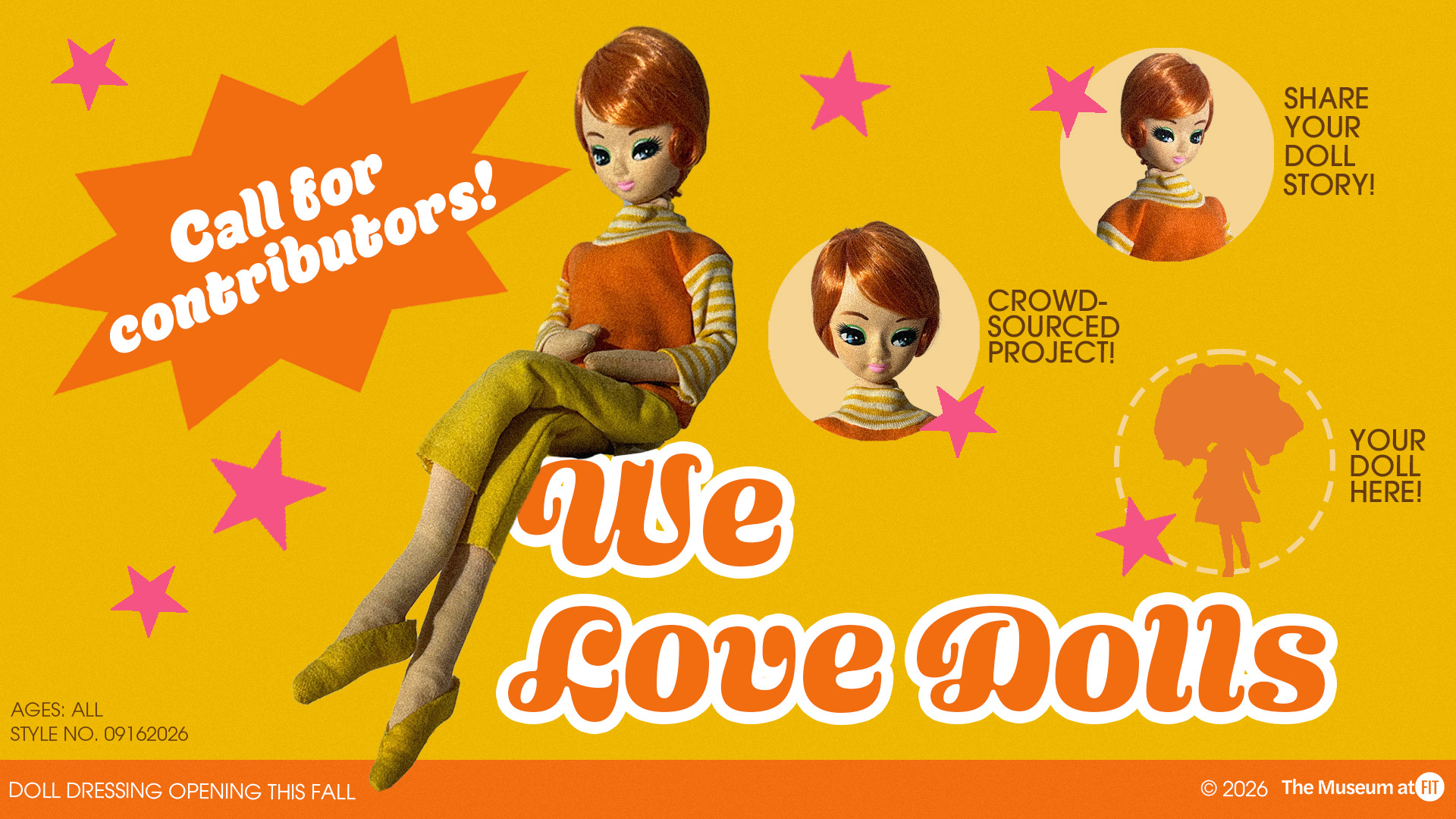A retro 1960s-style promotional graphic on a bright yellow background. A vintage fashion doll sits in the foreground. Bold text reads: Call for Contributors! Share Your Doll Story! Your Doll Here! We Love Dolls. The border features decorative vintage product labels.